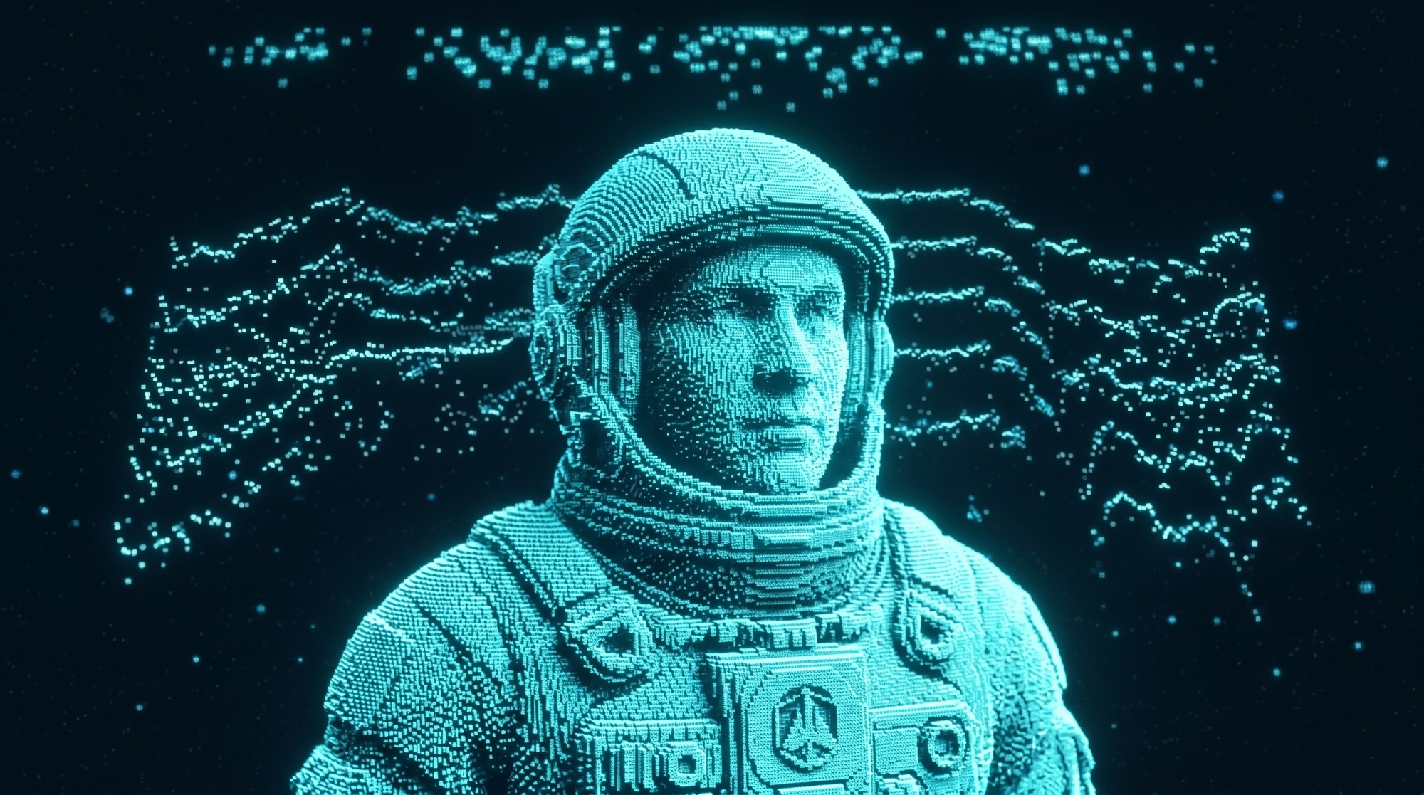 Runner card variant: voxel astronaut with a face, over waveform terrain
